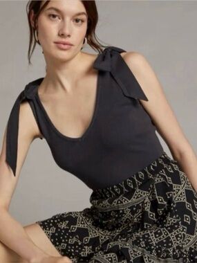 Anthropologie Black Tie-Shoulder V-Neck Women's Top